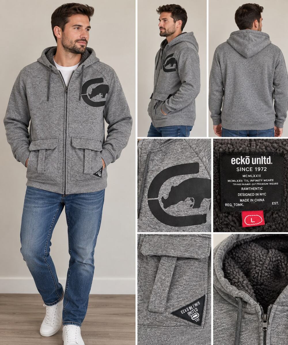 Ecko Unlimited Gray Sherpa Lined Full Zip Hoodie Rhino Logo Mens L